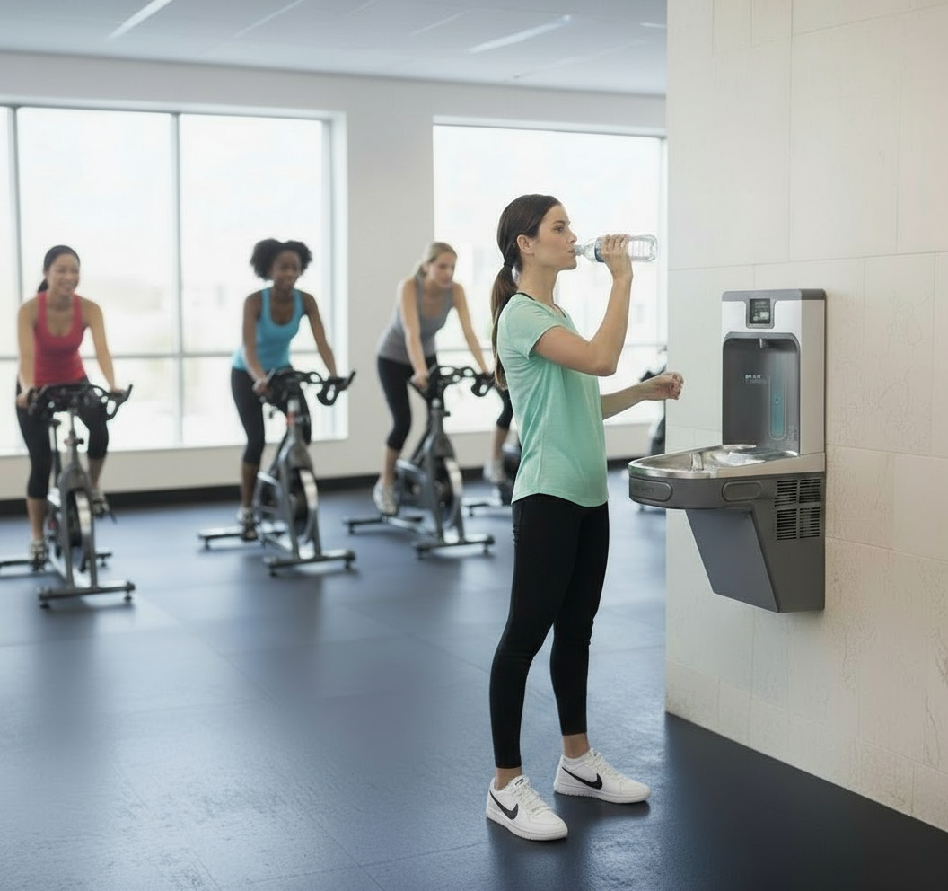 Girl Using a Bottle Filling Station in a Gym