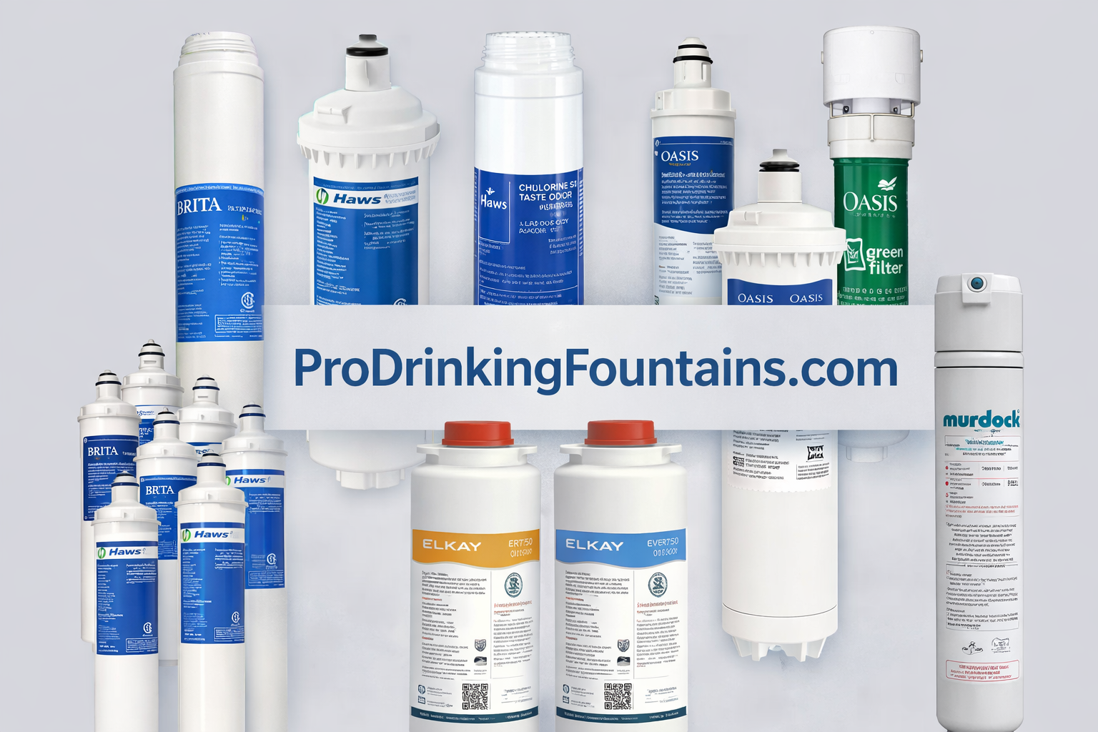 This image shows a collage of commercial water fountain filters used in drinking fountains and bottle filling stations from leading brands such as Elkay, Oasis, Haws, Brita, and Murdock. These filters are designed to reduce contaminants like chlorine, lead, and sediment while maintaining flow rate and performance in high-traffic environments such as schools, offices, and public facilities.